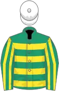 Emerald green, yellow hoops, striped sleeves, white cap