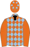 Orange and light blue diamonds, orange sleeves, orange cap, light blue diamonds