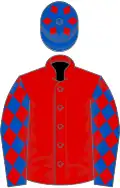 Red, royal blue sleeves, red diamonds and diamonds on cap