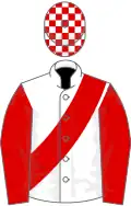 White, red sleeves and sash, check cap