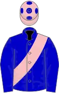 Blue, pink sash, pink cap, blue spots