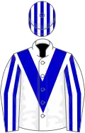 White, blue chevron, striped sleeves and cap