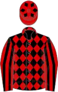Black and red diamonds, red and black striped sleeves, red cap, black diamonds