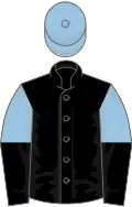 Black, light blue and black halved sleeves, light blue cap