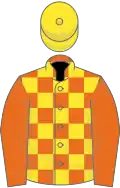 Orange and yellow check, orange sleeves, orange and yellow checked cap