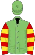 Light green, red and yellow hooped sleeves, light green cap