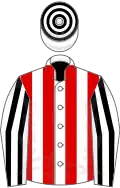 White and red stripes, white and black striped sleeves, hooped cap