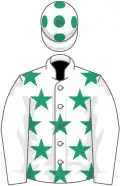 Mr H Keith Emerald green and White diamonds, white sleeves and cap