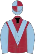 Maroon, light blue chevron and sleeves, light blue and maroon quartered cap
