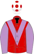 Red, mauve chevron and sleeves, white cap, red spots