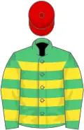 Emerald green and yellow hoops, red cap