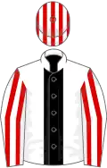White, black stripe, white and red striped sleeves and cap