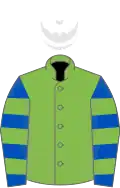Light green, royal blue and light green hooped sleeves, white cap