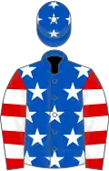 Royal blue, white stars, red and white hooped sleeves