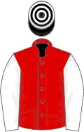 Red, white sleeves, black and white hooped cap