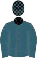 Saxe blue, black collar, check cap