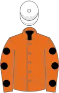 Orange, black spots on sleeves, white cap