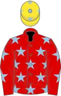 Red, light blue stars, yellow cap, light blue stars