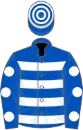 Royal blue, white hoops, royal blue sleeves, white spots