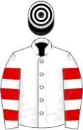 White, red hooped sleeves, black and white hooped cap