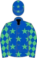 Royal blue, emerald green stars, royal blue sleeves, emerald green diamonds