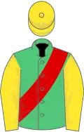 Emerald green, red sash, yellow sleeves and cap