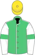 Emerald green, white seams, white sleeves, emerald green armlets, yellow cap