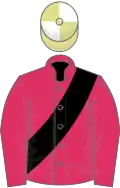 Cherry, black sash, primrose and white quartered cap
