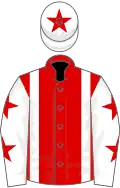 Red, white braces, white sleeves, red stars, white cap, red star