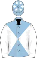 Light blue and white diabolo, white sleeves, light blue cap, white diamonds