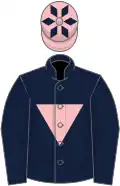 Dark blue, pink inverted triangle, pink cap, blue diamonds