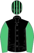 Black, emerald green sleeves, striped cap