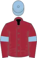 Maroon, light blue armlets and cap