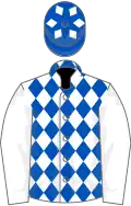 White and royal blue diamonds, white sleeves, royal blue cap, white diamonds