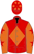 Red, orange diamond, orange sleeves, red stars, red cap, orange diamonds