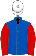 Royal blue, red sleeves, white cap