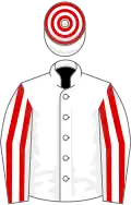WHITE, red striped sleeves, hooped cap