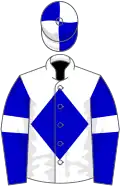 White, blue diamond, blue sleeves, white armlets, quartered cap