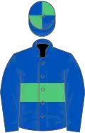 Royal blue, emerald green hoop, royal blue sleeves, quartered cap