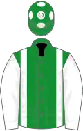 Green, white braces and sleeves, spots on cap