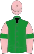 Green, pink sleeves, green armlets, pink cap