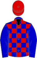 Blue and red check, blue sleeves, red cap
