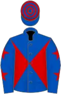 Royal blue and red diabolo, royal blue sleeves, red stars, hooped cap
