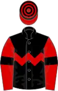 Black, red chevron hoop and sleeves, black armlets, hooped cap