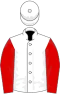White, red sleeves, white cap
