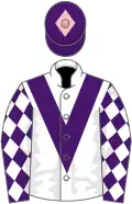 White, purple chevron, purple sleeves, white diamonds, purple cap, pink diamond