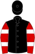 Black, red, white and red hooped sleeves
