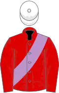 Red, mauve sash, white cap