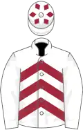 White and maroon chevrons, white sleeves, white cap, maroon diamonds