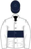 White, dark blue hoop and cap